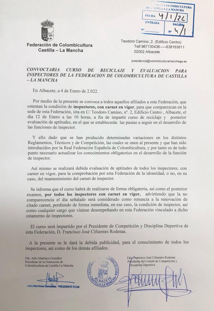Convocatoria curso de reciclaje y evaluación para inspectores de la Federación de Colmbicultura de Castilla La Mancha